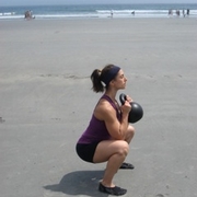 Instructor Artemis Performing Goblet Squat as Part of Her Beach Kettlebell Workout at Long Sands Beach, Maine in August 2011.